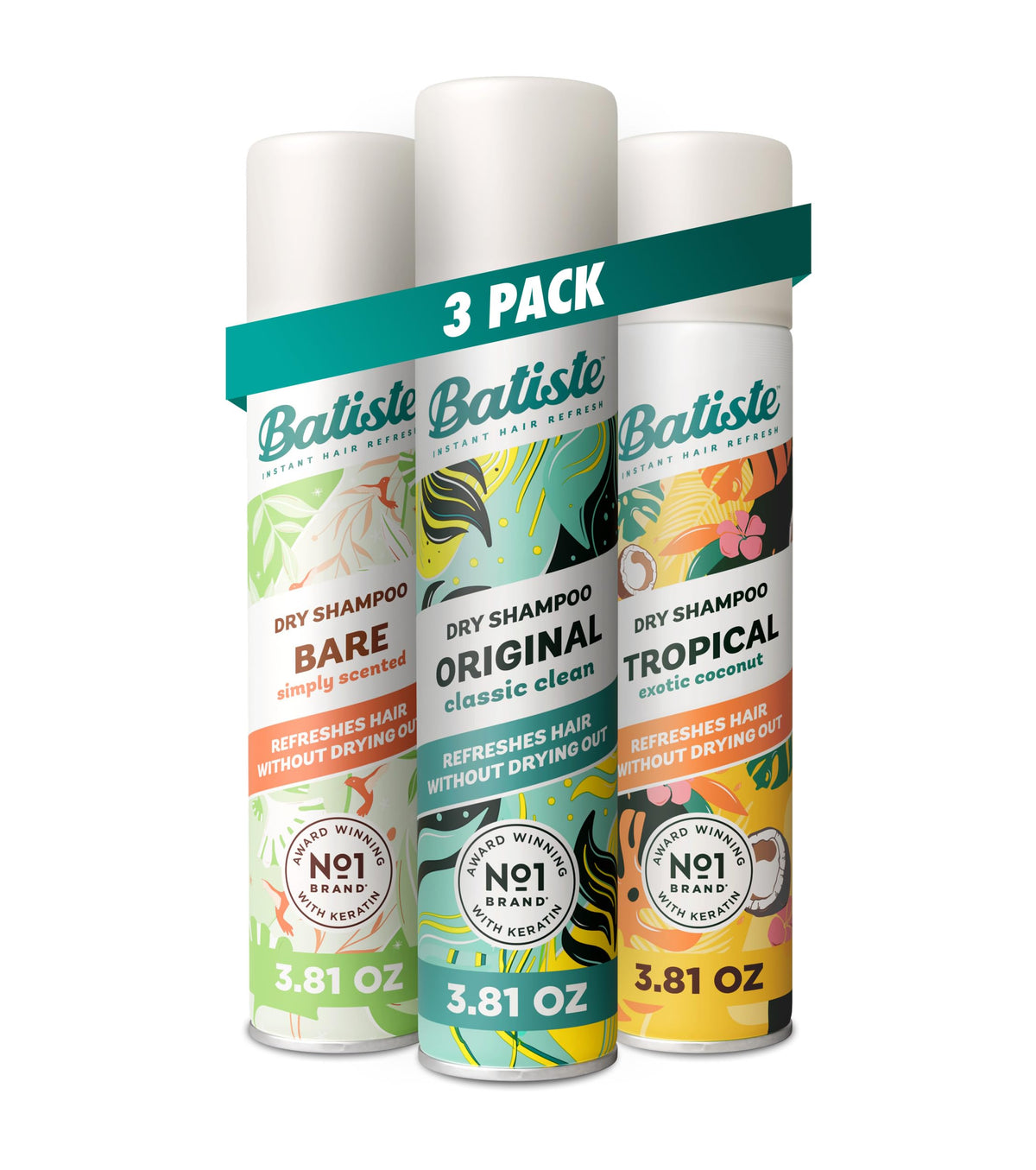 Batiste three-pack front view showing all scent cans and colorful labels for quick refresh
