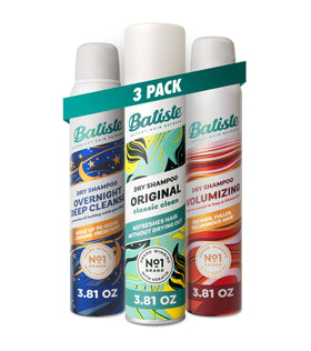 Batiste three-pack front view showing Original Volumizing and Overnight cans and convenience