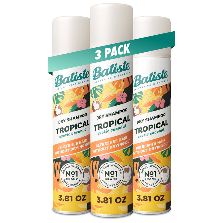 Batiste front packaging showing tropical dry shampoo and benefits