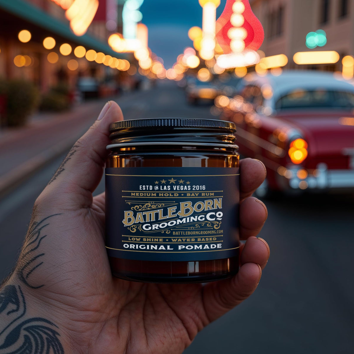 Battle Born pomade in morning routine setting showing everyday reliability benefit