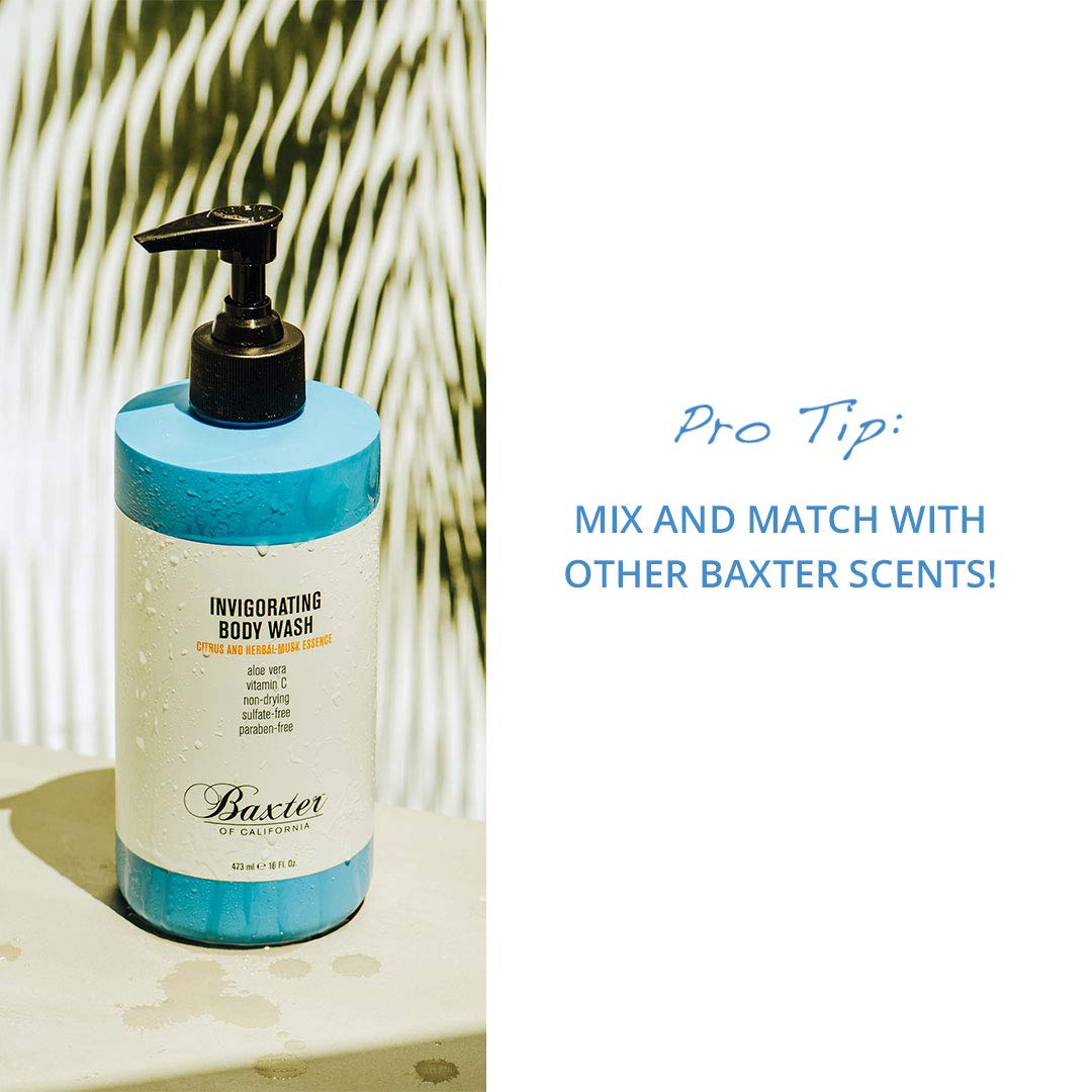 Baxter of California bottle in shower being used for an invigorating clean benefit