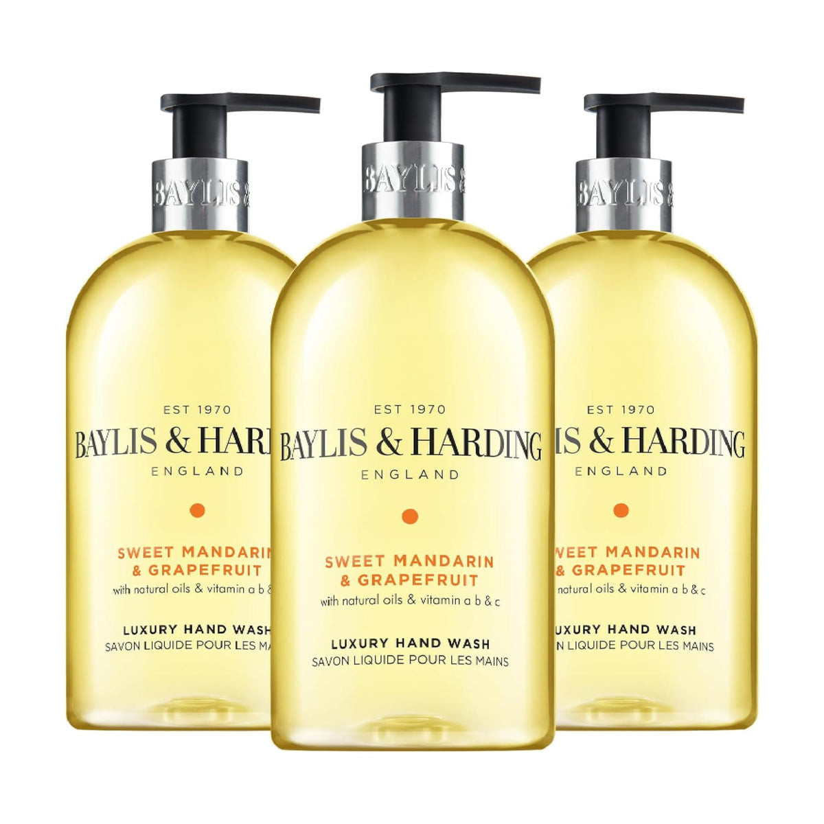 Baylis & Harding front packaging showing sweet mandarin grapefruit scent and benefit of gentle cleanse