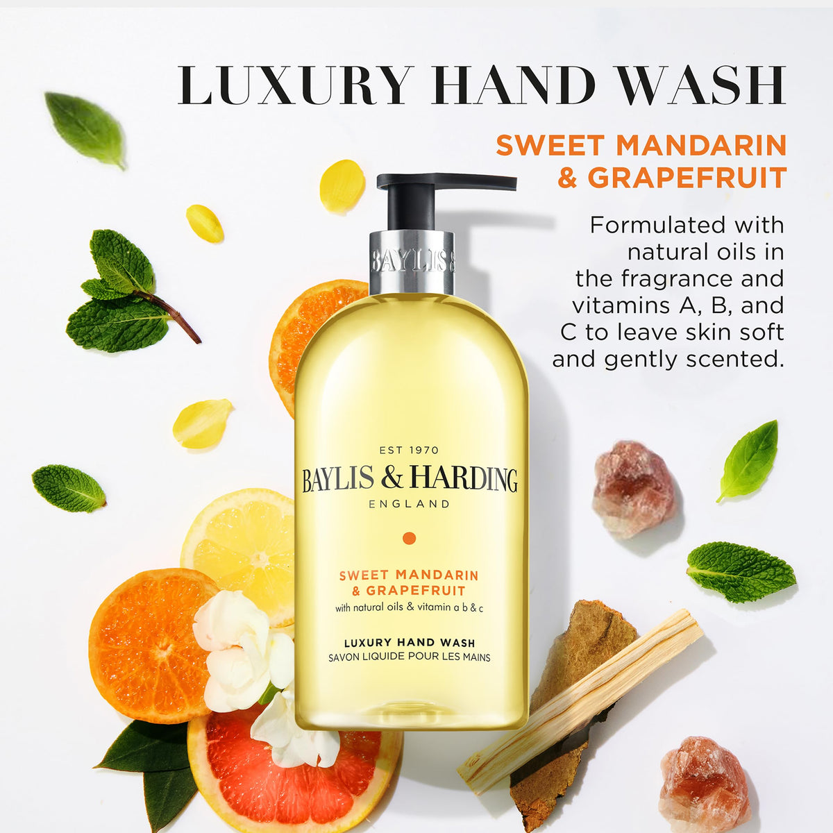 Baylis & Harding three 500ml bottles shown together to convey value pack and long-lasting supply