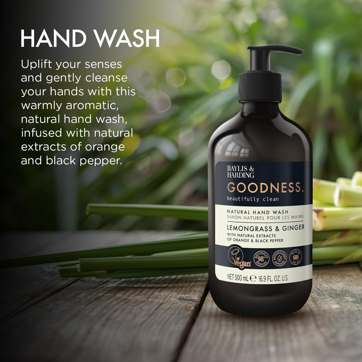 Baylis & Harding bottle label highlighting plant-based ingredients and claims