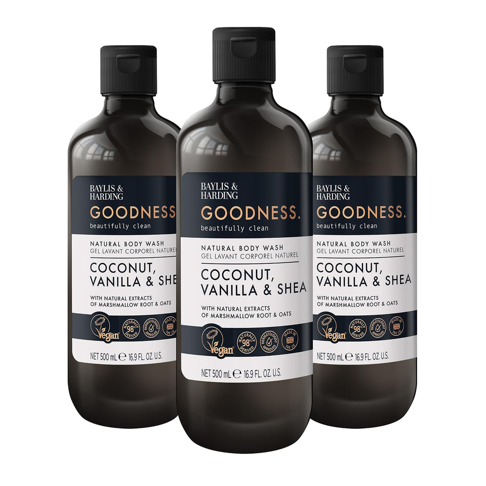 Baylis & Harding front packaging showing coconut vanilla shea scent and pack benefit