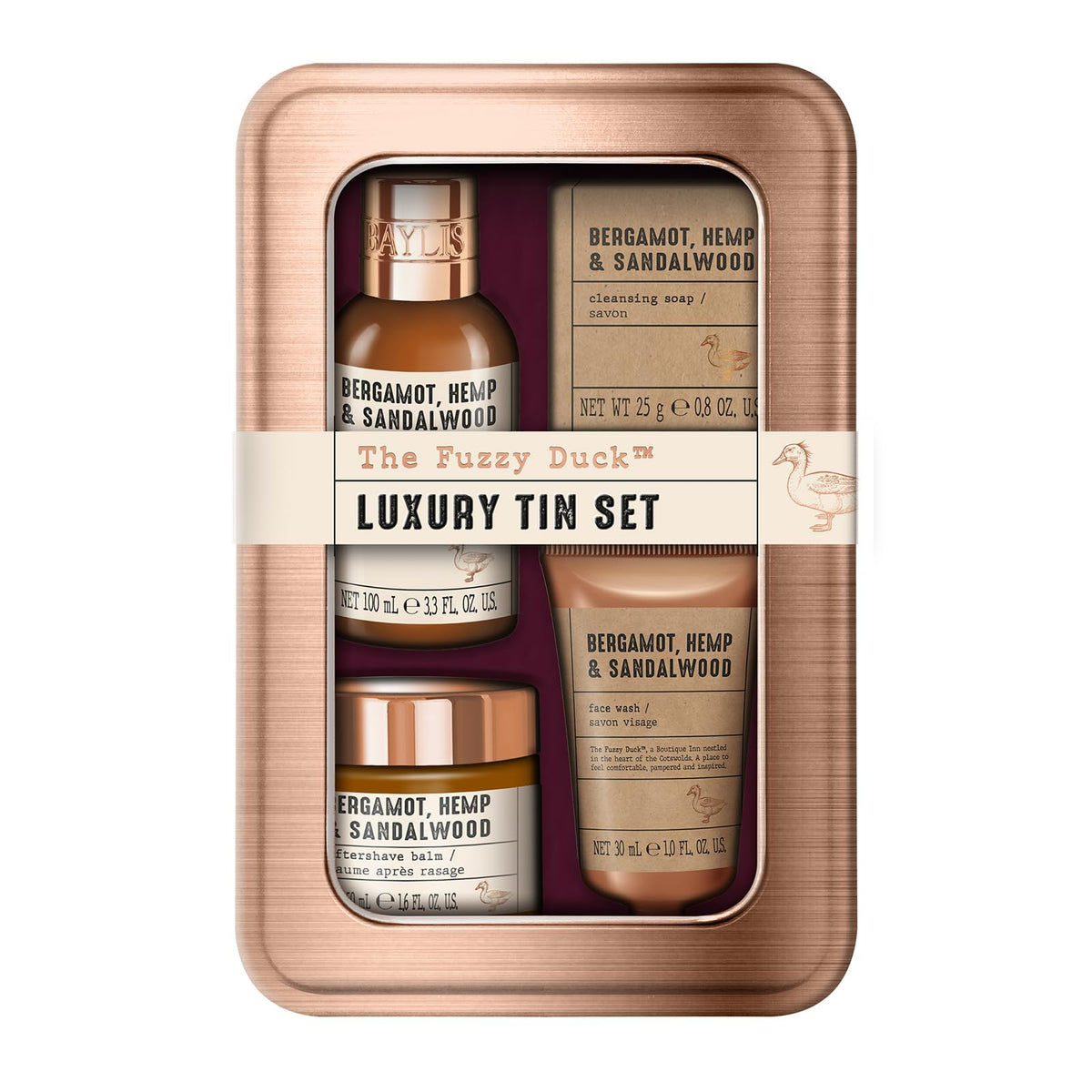 Baylis & Harding products lined up displaying all four items for easy routine benefit