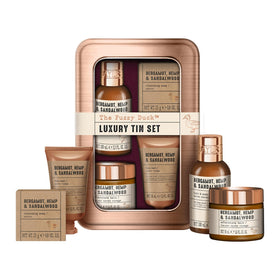 Baylis & Harding tin front view showing rustic burgundy packaging and reusable benefit