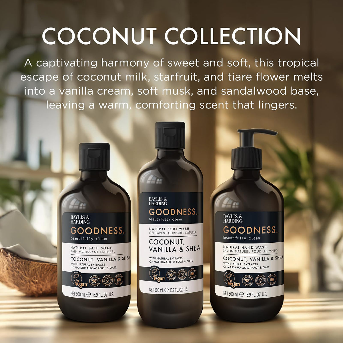 Baylis & Harding bottle size comparison on counter illustrating generous 500ml volume benefit