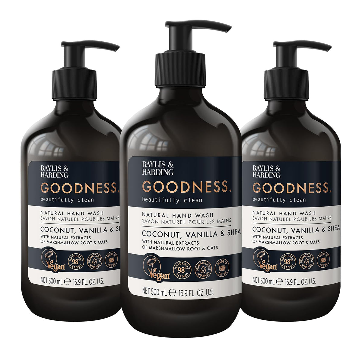 Baylis & Harding front packaging showing three bottles and cozy tropical scent benefits