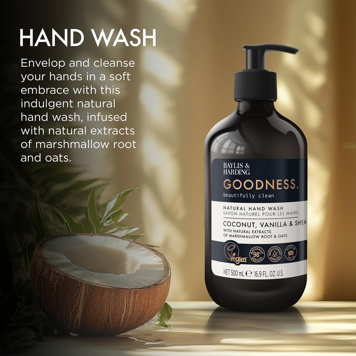 Baylis & Harding botanical ingredients display with coconut and oat highlighting natural extracts