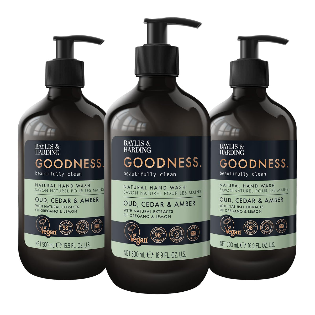 baylis & harding front packaging showing elegant bottle and dispenser benefit: premium presentation