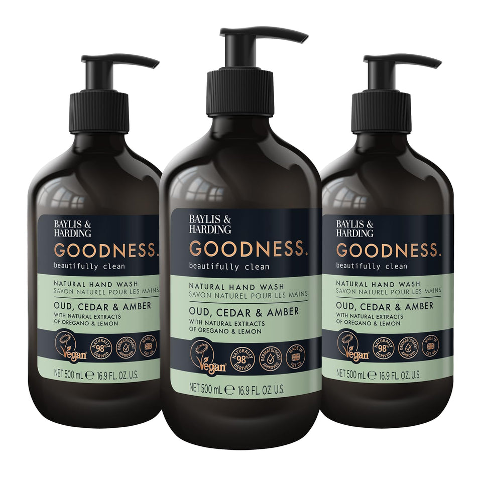 baylis & harding front packaging showing elegant bottle and dispenser benefit: premium presentation