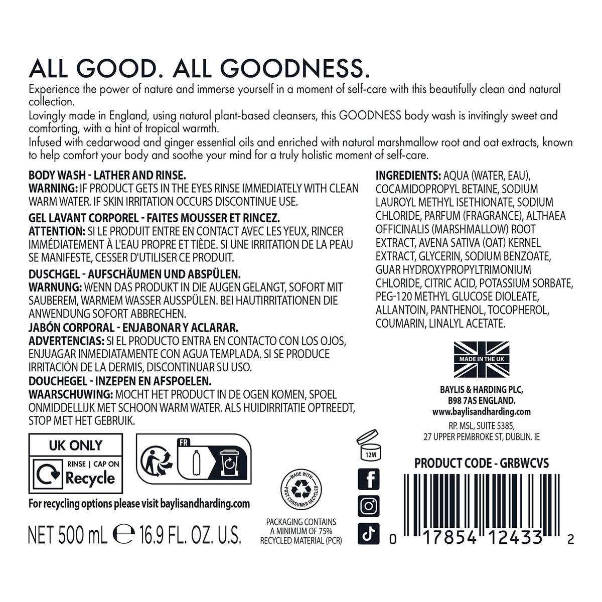 Baylis & Harding label close-up showing vegan, biodegradable and cruelty-free claims