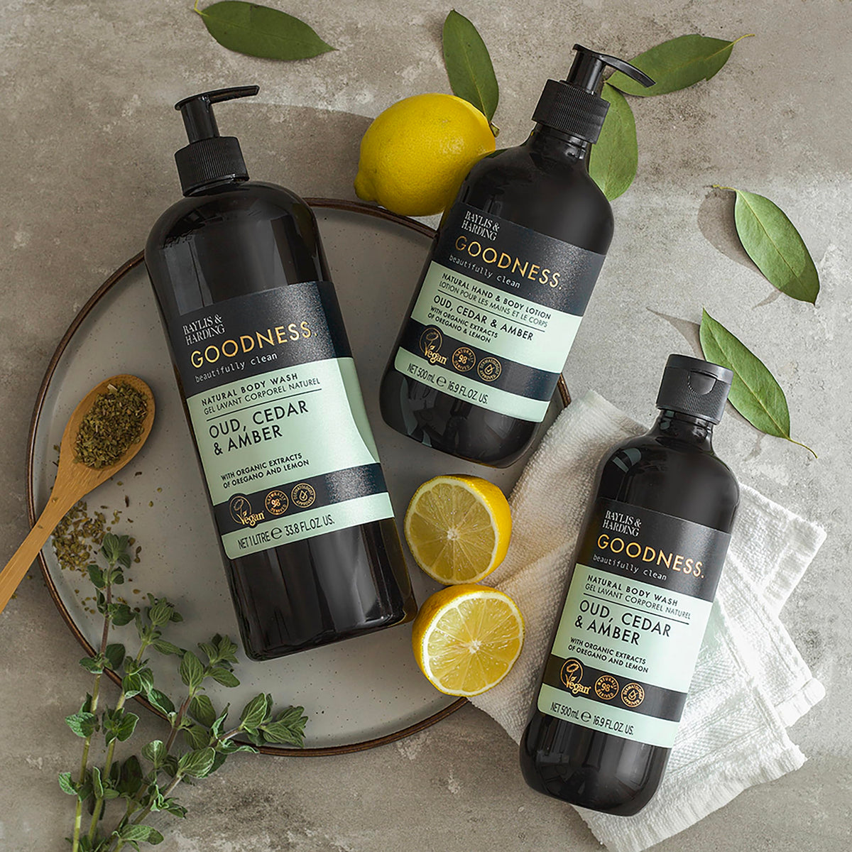 Baylis & Harding label detail listing plant-based and organic extracts
