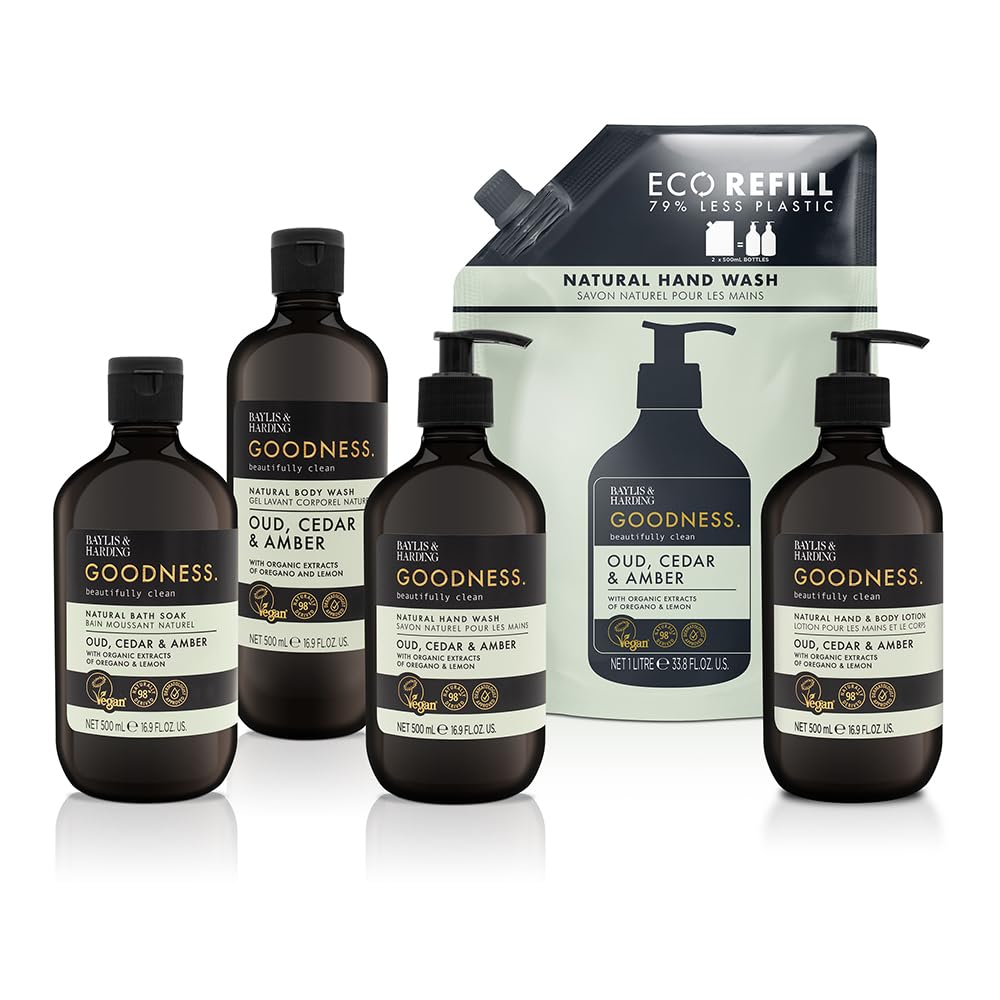 Baylis & Harding bottle on bathroom shelf showing upscale sustainable style