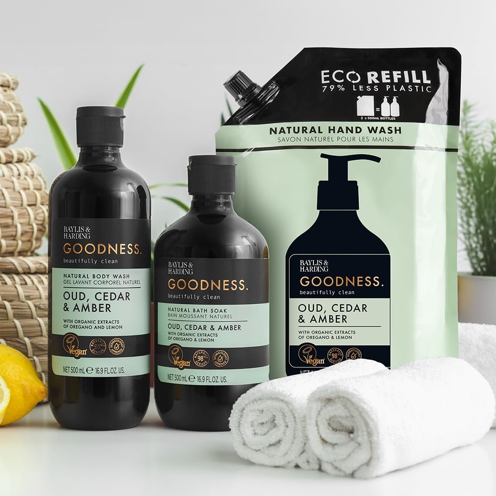 Baylis & Harding four 1L refills together emphasizing bulk value