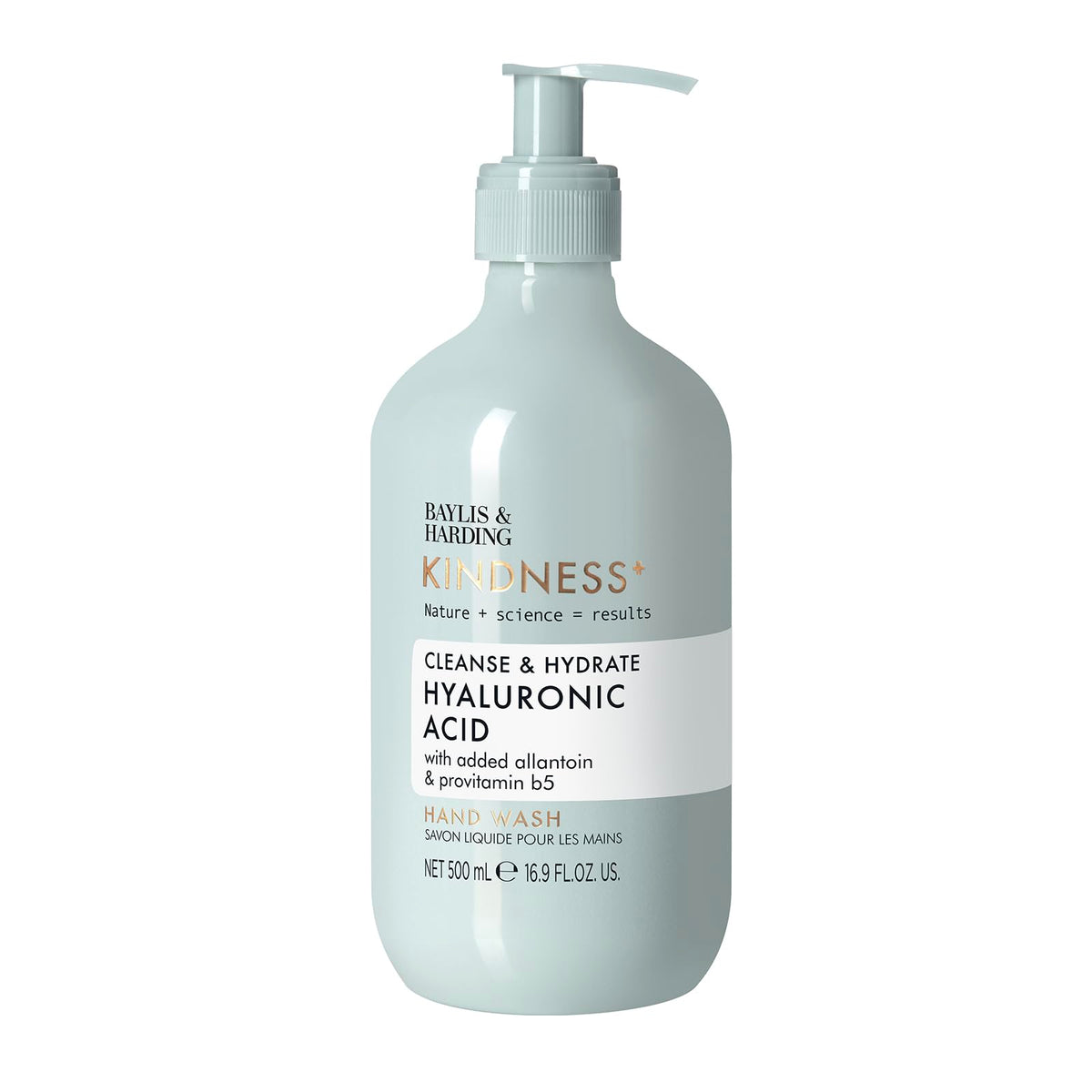 Baylis & Harding pump and label close-up displaying key ingredients and gentle cleansing benefit