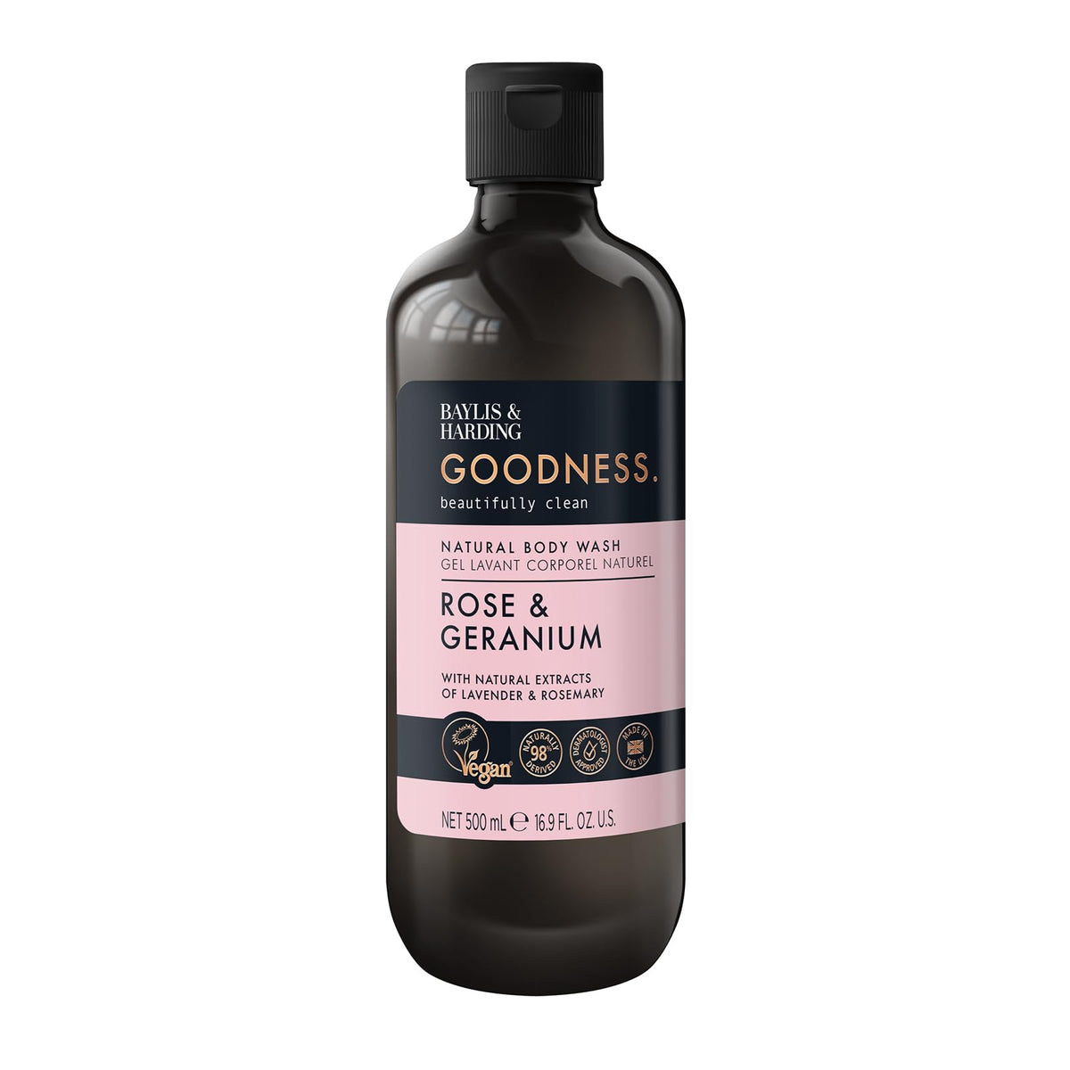 Baylis & Harding pump and label detail highlighting recyclable packaging benefit