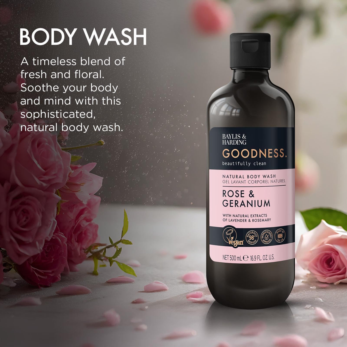 Baylis & Harding body wash in shower use demonstrating easy rinsing