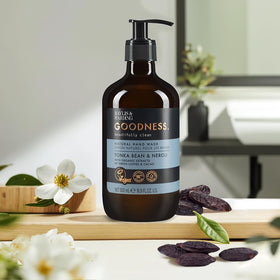 Baylis & Harding bottle in a styled bathroom showing elegant design benefit: complements décor