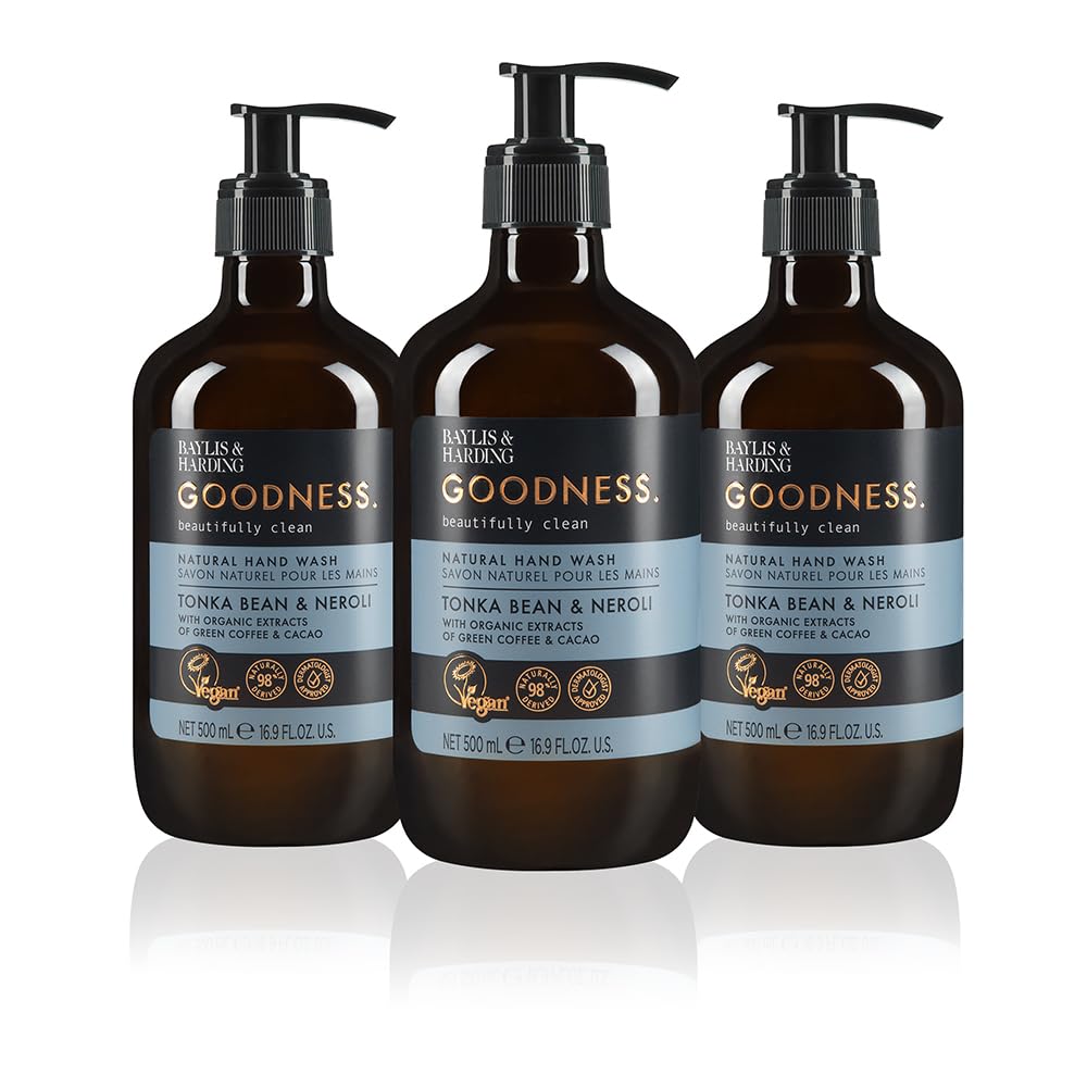 Baylis & Harding front packaging showing three 500ml bottles and elegant label benefit: long-lasting supply