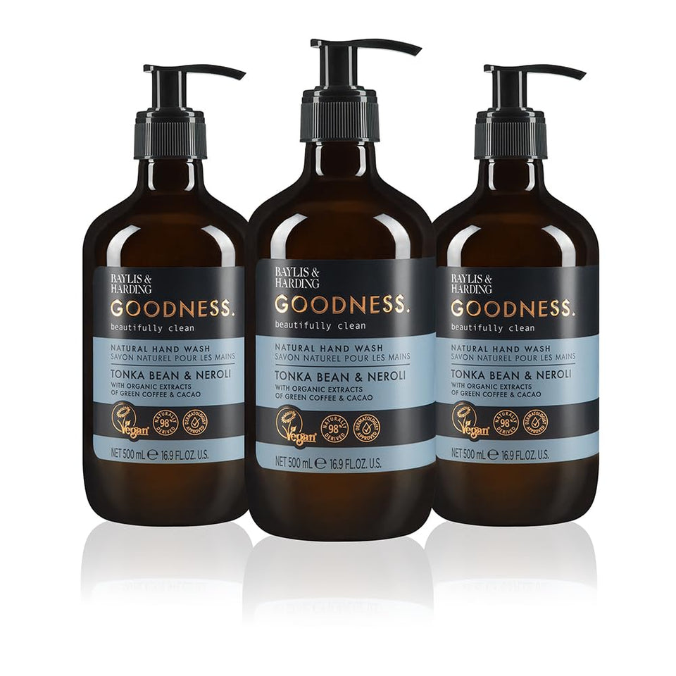 Baylis & Harding front packaging showing three 500ml bottles and elegant label benefit: long-lasting supply