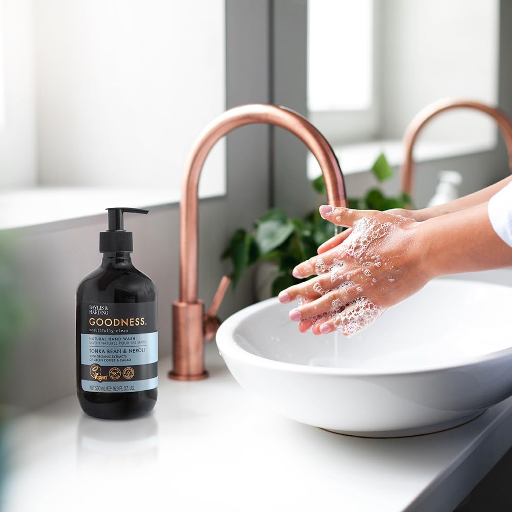 Baylis & Harding bottle placed on a kitchen counter showing fresh scent benefit: ideal for kitchens