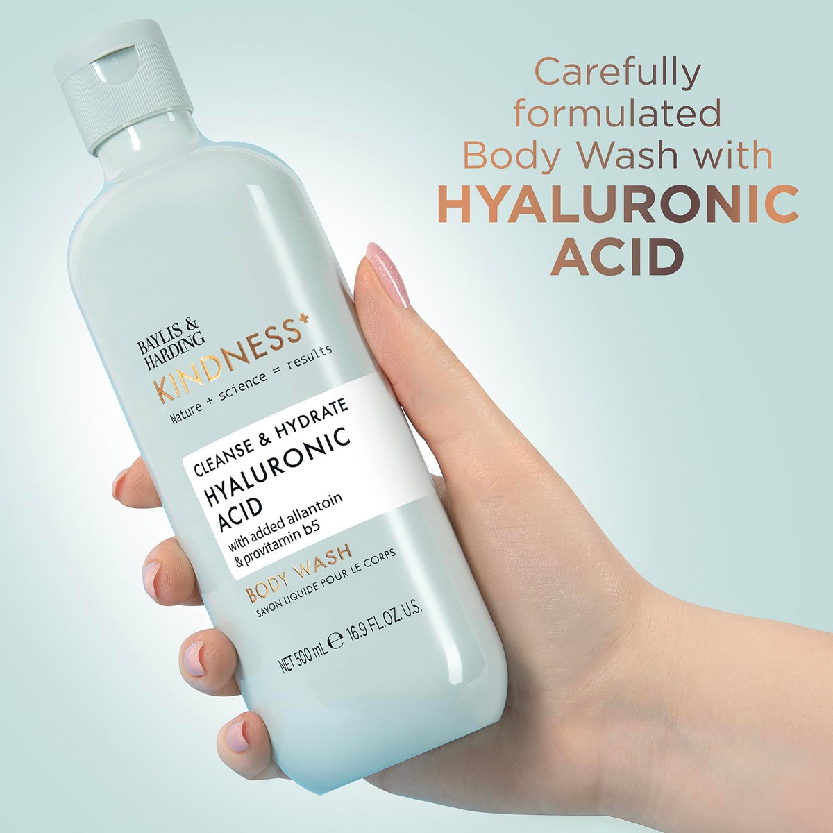 Baylis & Harding styled with pear and orange blossom suggesting uplifting scent benefit