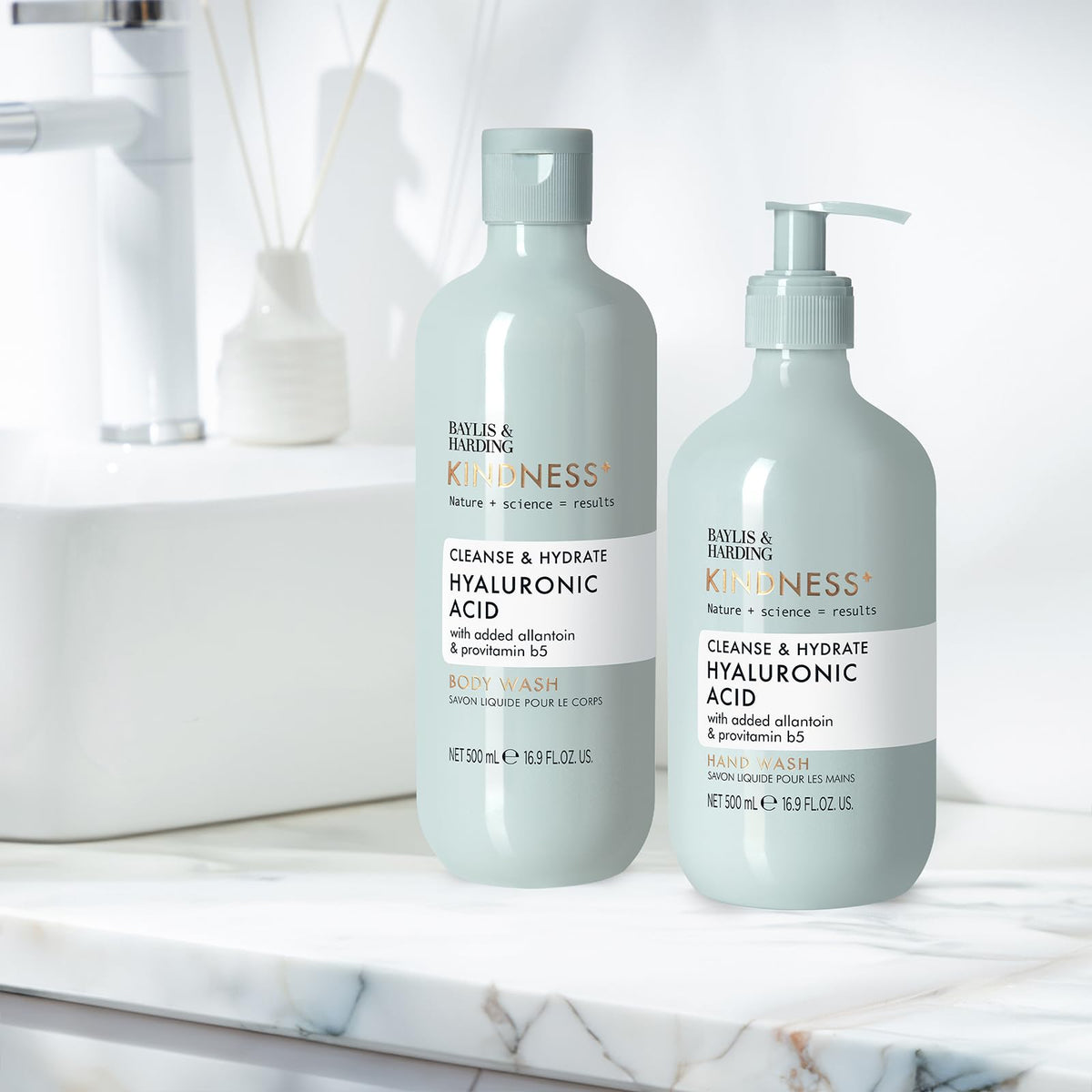 Baylis & Harding being applied in shower demonstrating gentle cleansing benefit