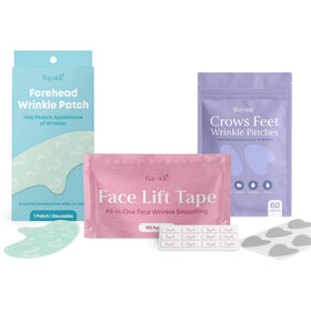 Bayside front packaging of the complete wrinkle patch bundle showing contents and benefits