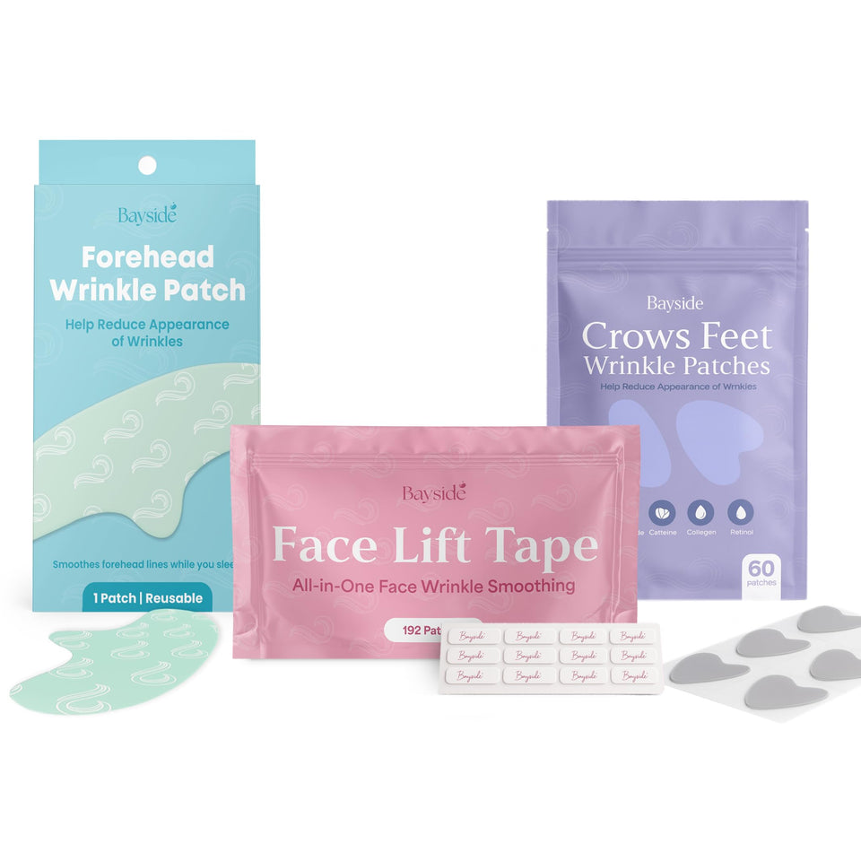 Bayside front packaging of the complete wrinkle patch bundle showing contents and benefits