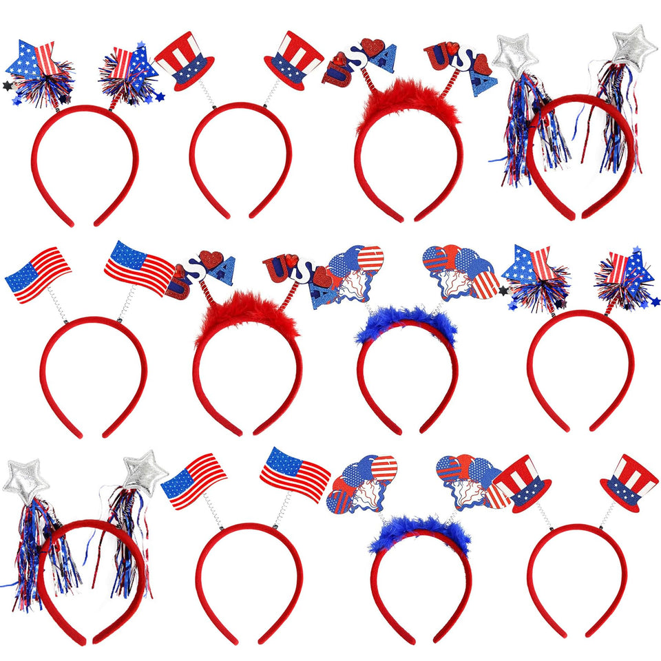 BBPOOL front packaging showing full 12-piece patriotic headband set and benefits