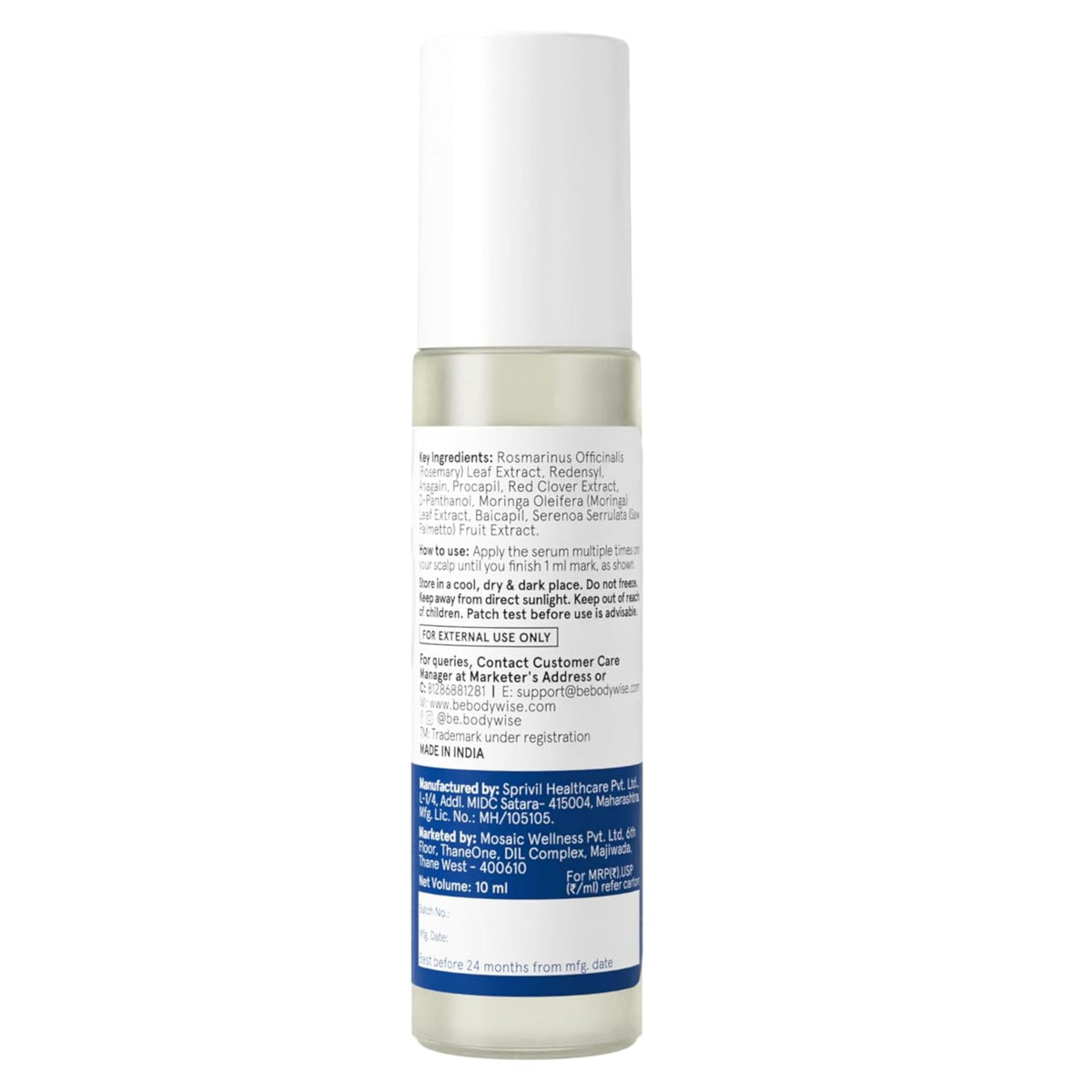 Be Bodywise label close-up showing concentrations and paraben-free claims