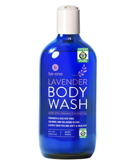 BE-ONE ORGANICS front bottle shot showing organic lavender body wash benefits