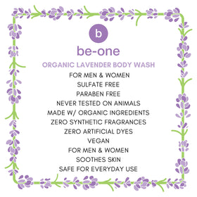 BE-ONE ORGANICS in-use with loofah showing calming shower experience