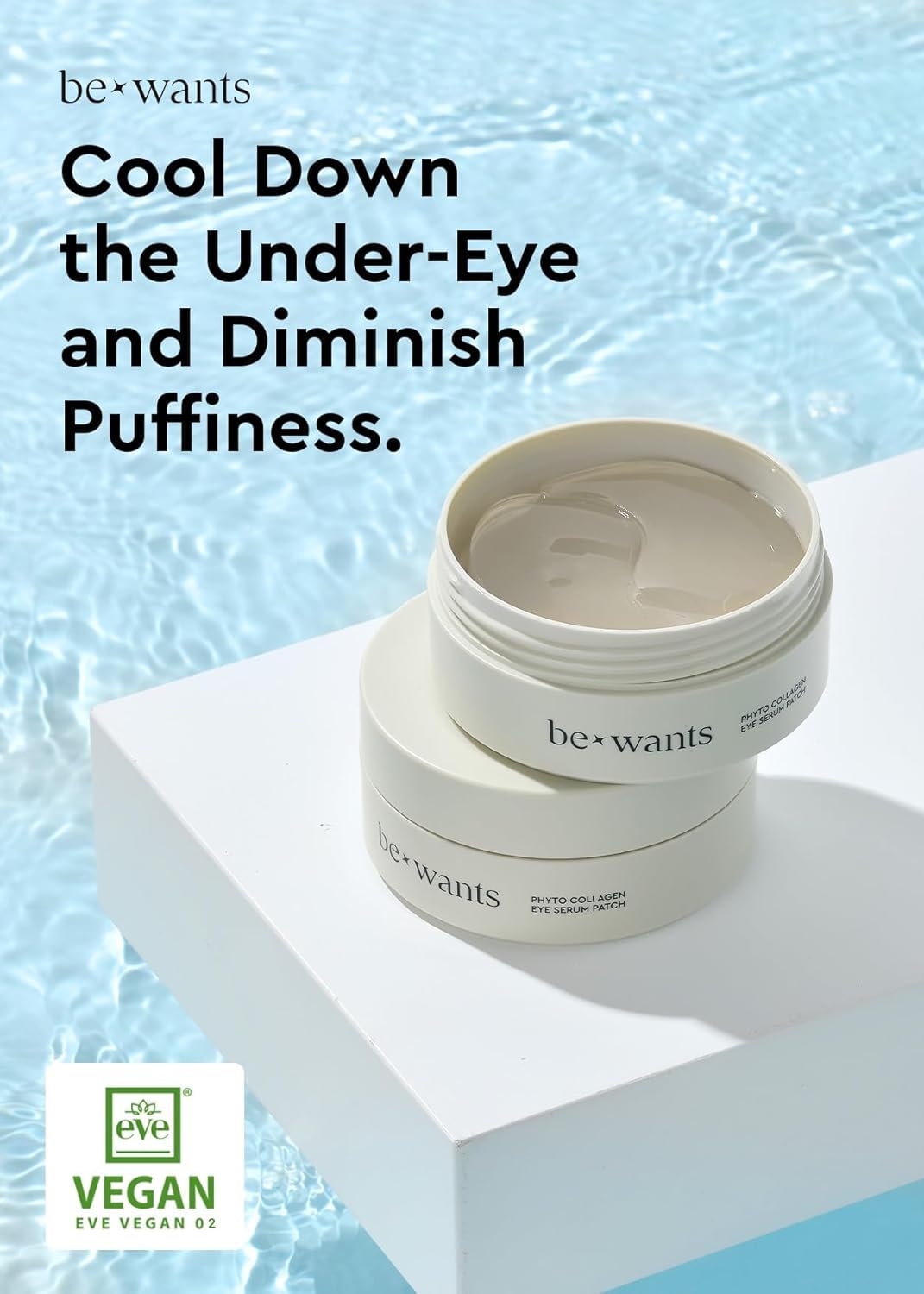 BE+WANTS patches in use under eyes demonstrating cooling and de-puffing