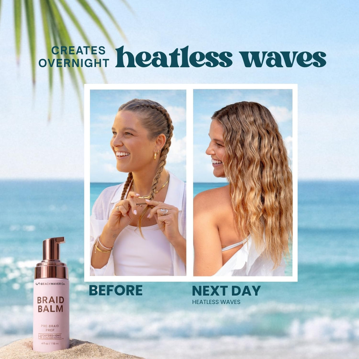 Beachwaver before after braided hair illustrating reduced flyaways and neater braid