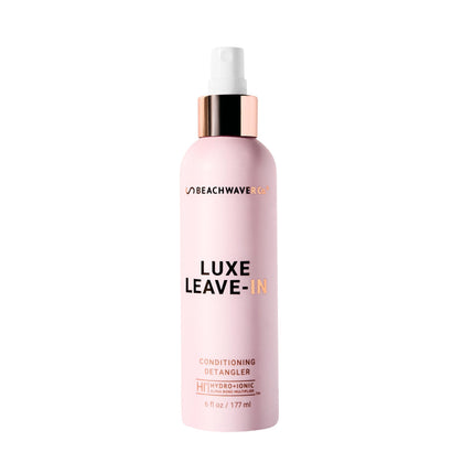 Beachwaver front bottle view showing Luxe Leave-In detangler and styling ease