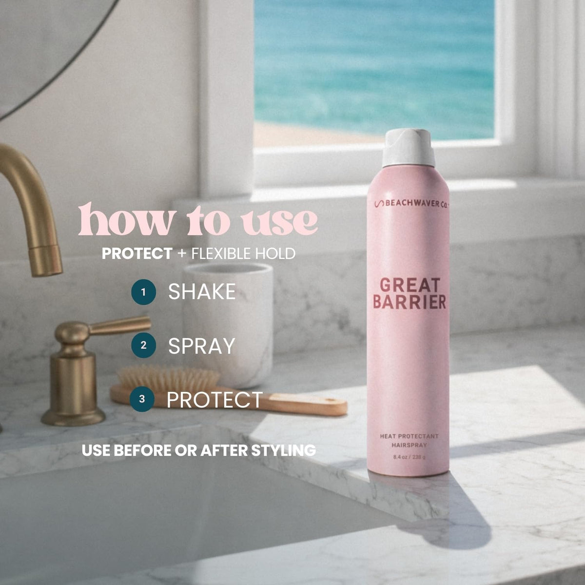 Beachwaver spray mist on hair demonstrating protection and smooth finish