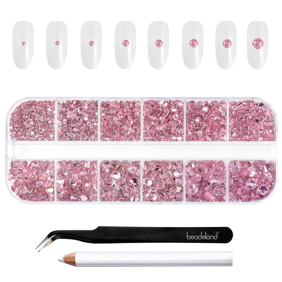 BEADSLAND front packaging showing sorted pink rhinestones and tools for easy start