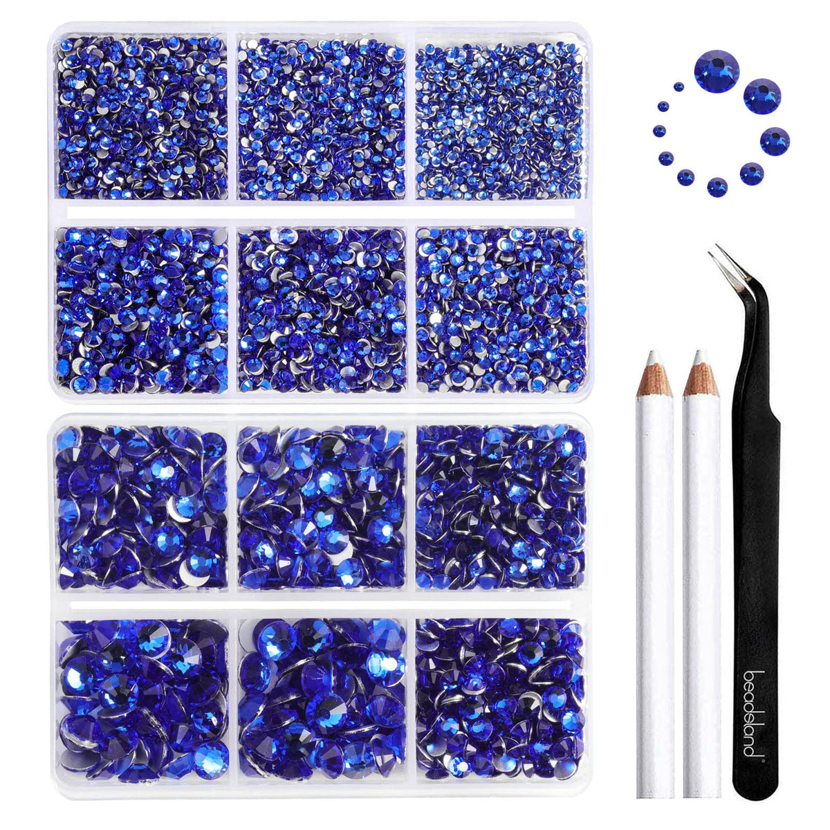BEADSLAND front packaging showing organized royal blue rhinestones and tools, convenient storage
