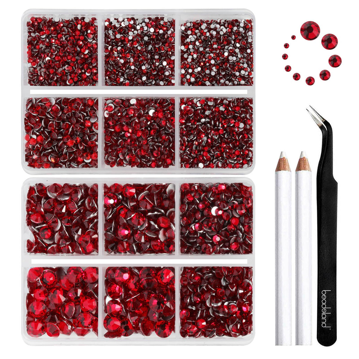BEADSLAND front packaging showing organized grids and siam rhinestones for easy use