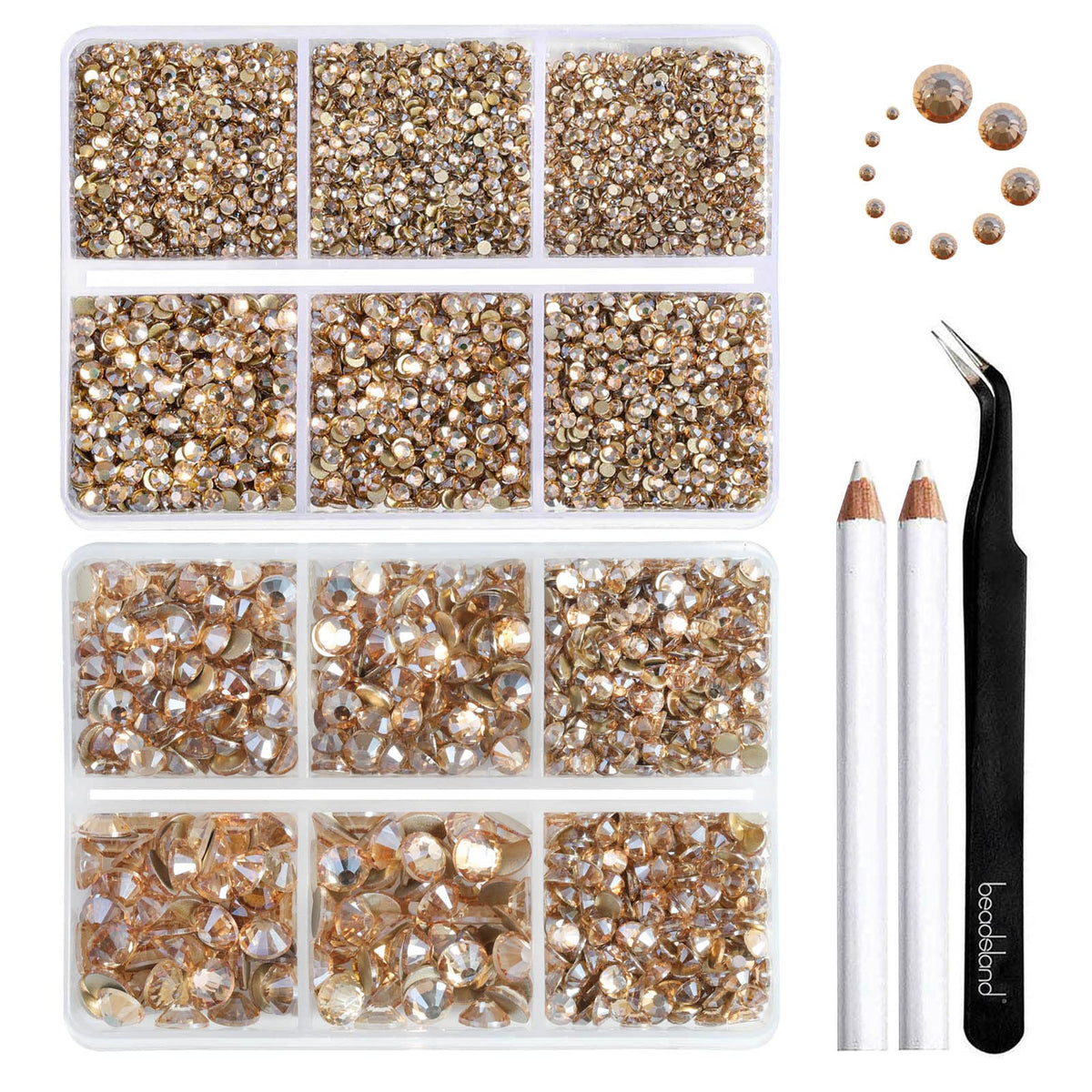 BEADSLAND front packaging showing organized golden rhinestone kit and benefits
