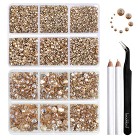 BEADSLAND front packaging showing organized golden rhinestone kit and benefits