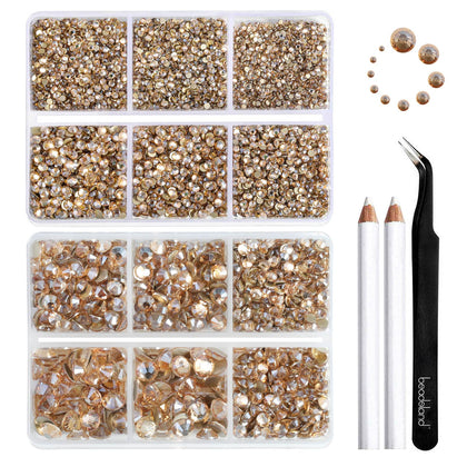 BEADSLAND front packaging showing organized golden rhinestone kit and benefits