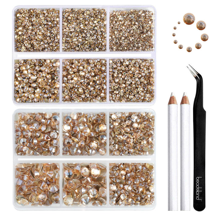 BEADSLAND front packaging showing organized golden rhinestone kit and benefits