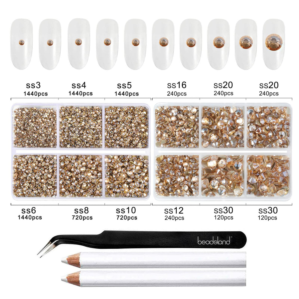 BEADSLAND size comparison SS3 to SS10 demonstrating detail options