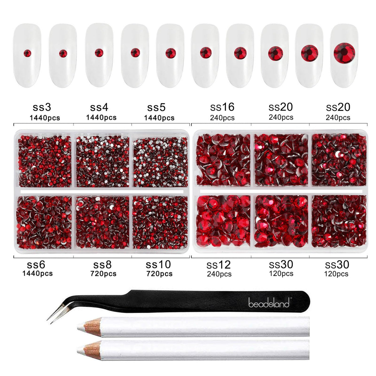 BEADSLAND in-hand scale comparison showing sizes SS3 to SS30 for selection clarity