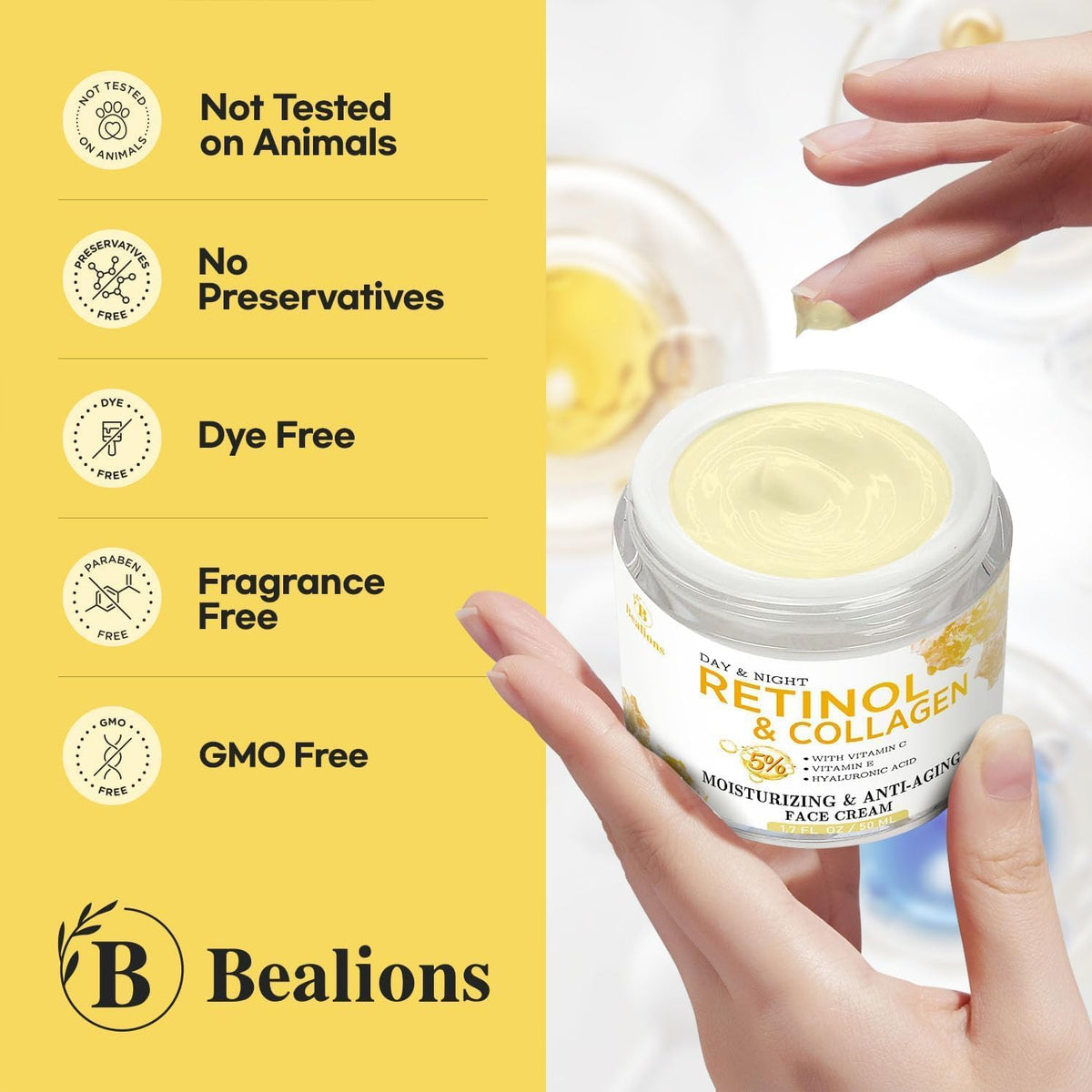 Bealions ingredient label close-up highlighting retinol collagen hyaluronic benefit