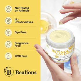Bealions ingredient label close-up highlighting retinol collagen hyaluronic benefit